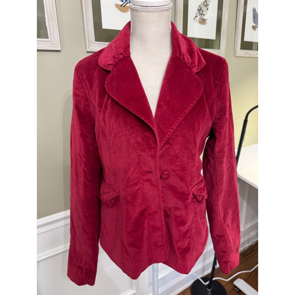 Fossil Red Velvet Blazer Jacket Polka Dot Lining Martingale Back Womens Large